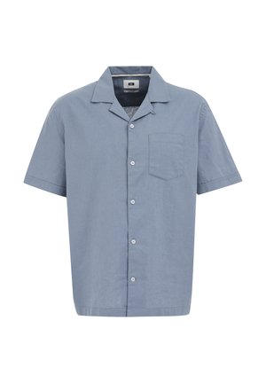 Short-sleeve button-up shirt in light blue fabric with a collar, chest pocket, and simple white buttons, featuring a relaxed fit.