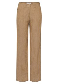 Ljusbruna linnebyxor med rak bendesign, som har framfickor, knäppning med knapp och en texturerad tygfinish.
