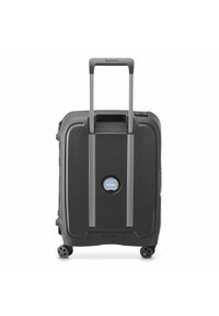 Black hard-shell suitcase with a textured surface, retractable handle, dual wheels, and Delsey logo. Features ridged design for added durability.