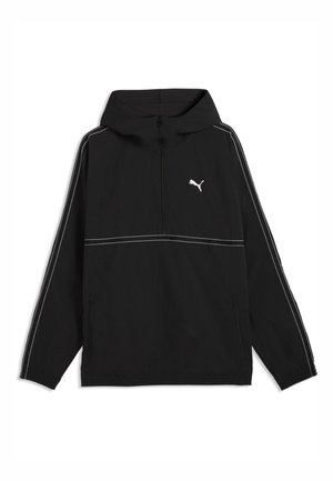 Schwarzes Kapuzen-Sweatshirt mit weißen Paspeln an den Ärmeln und der Brust, teilweisem Frontreißverschluss, Reißverschlusstaschen und weißem Puma-Logo auf der Brust.