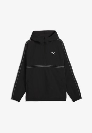 Schwarzes Kapuzen-Sweatshirt mit weißen Paspeln an den Ärmeln und der Brust, teilweisem Frontreißverschluss, Reißverschlusstaschen und weißem Puma-Logo auf der Brust.