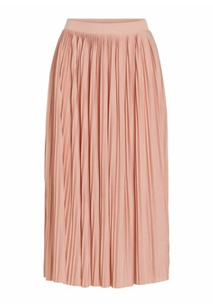 Jupe midi plissée rose clair avec une large ceinture, en tissu léger, présentée sur fond blanc.