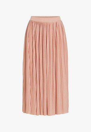 Jupe midi plissée rose clair avec une large ceinture, en tissu léger, présentée sur fond blanc.