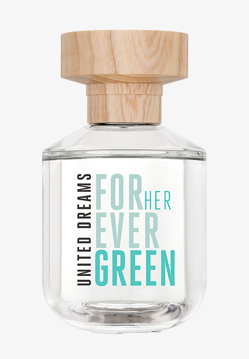 Klar glas parfume flaske med træ låg, mærket "United Dreams Forever Green for Her" i teal og sort tekst.