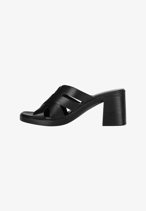 Black heeled slide sandal with smooth leather upper, featuring two crossed straps, a rounded open toe, and a chunky, textured heel.