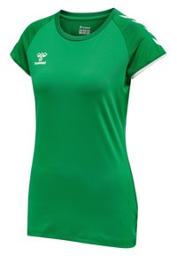 Grøn sportstr�øje lavet af letvægtsstof, med korte ærmer, rund halsudskæring, hvide detaljer og et logo på brystet.
