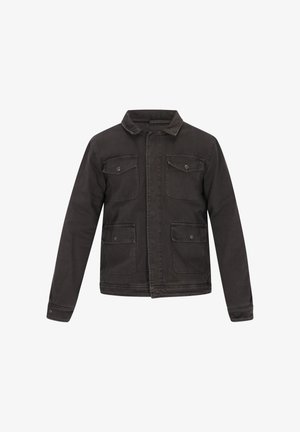 Czarna kurtka dżinsowa z kołnierzykiem, zapinana na guziki z przodu, z czterema kieszeniami i długimi rękawami. Charakteryzuje się jednolitym kolorem i gładką fakturą.