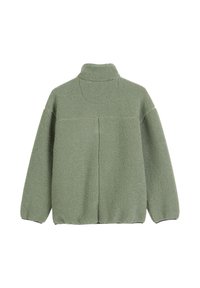 Jasnozielony polarowy pulower z wysokim kołnierzem, opuszczonymi ramionami i teksturowaną tkaniną. Posiada centralny szew z tyłu jako element dekoracyjny.