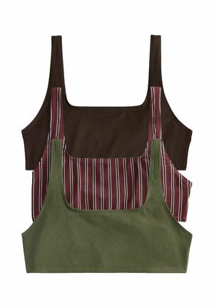 Tre dame-cropped tanktops stablet, i ensfarvet mørkebrun, vinrød med hvide striber og ensfarvet olivengrøn ribbet stof.