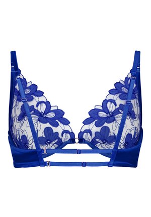 Soutien-gorge bleu avec bonnets en dentelle florale, bretelles réglables et double bande décorative à l'avant et à l'arrière.