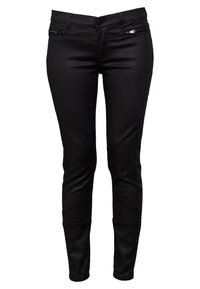 Svarta skinny jeans i stretchmaterial, med framknäppning, dragkedjefickor och böjda sömmar.