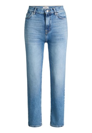 Jeans azzurri chiaro a vita alta con gamba dritta, chiusura con bottone e zip, passanti per cintura e tasche anteriori.