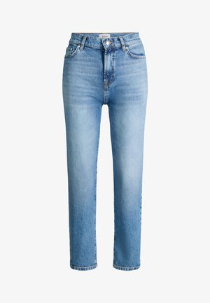 Lichtblauwe high-waist jeans met rechte pijpen, knoop- en ritssluiting, riemlussen en voorzakken.