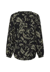 Blouse noire à manches longues, coupe ample avec un motif abstrait de coups de pinceau gris, détail froncé sur le haut du dos et poignets à boutons.