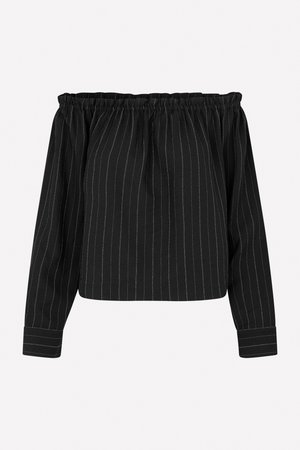 Black off-the-shoulder blouse with long sleeves, featuring vertical white pinstripes and an elastic neckline and cuffs.