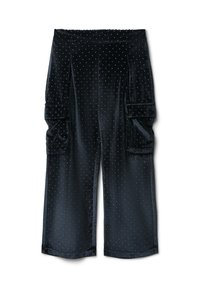 Pantaloni cargo in velluto nero con tasche laterali, decorati con pois bianchi. Design a gamba larga; texture liscia.