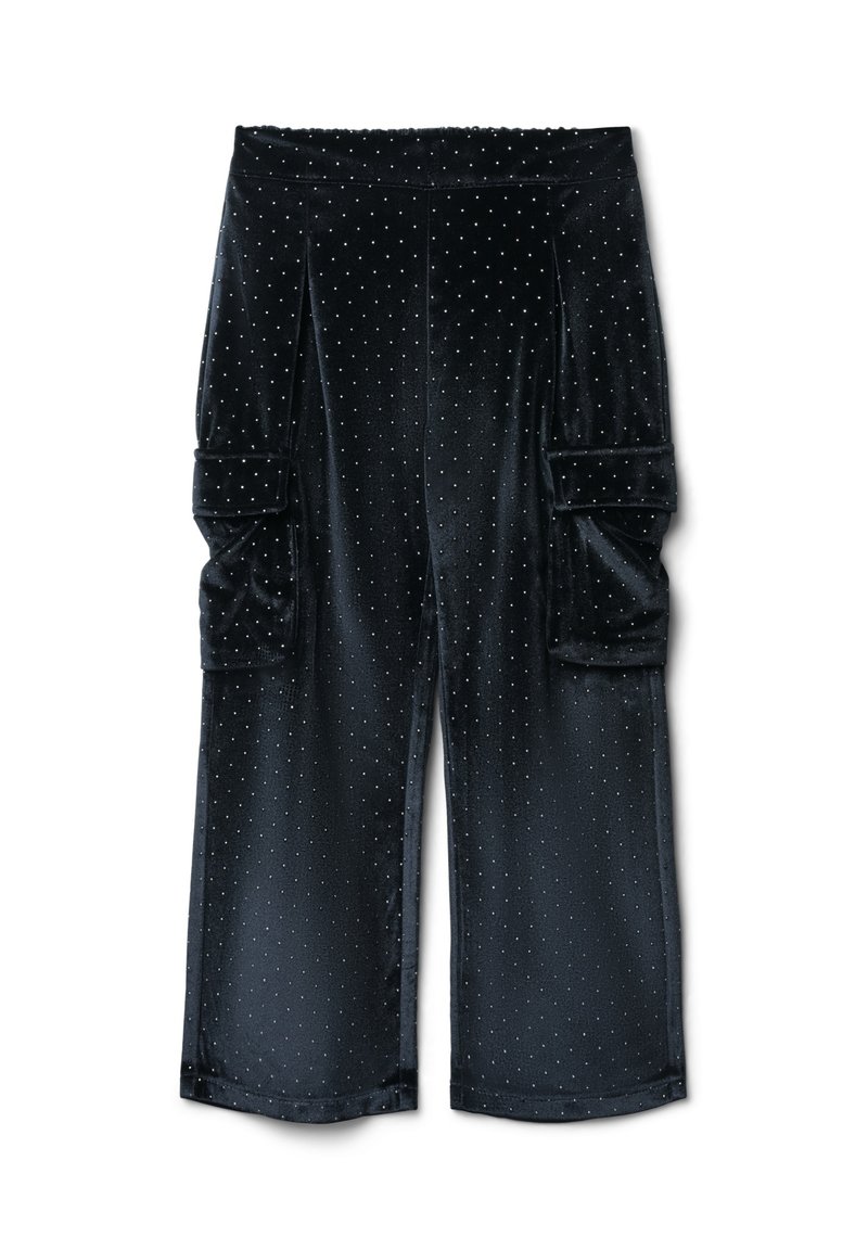 Pantaloni cargo in velluto nero con tasche laterali, decorati con pois bianchi. Design a gamba larga; texture liscia.
