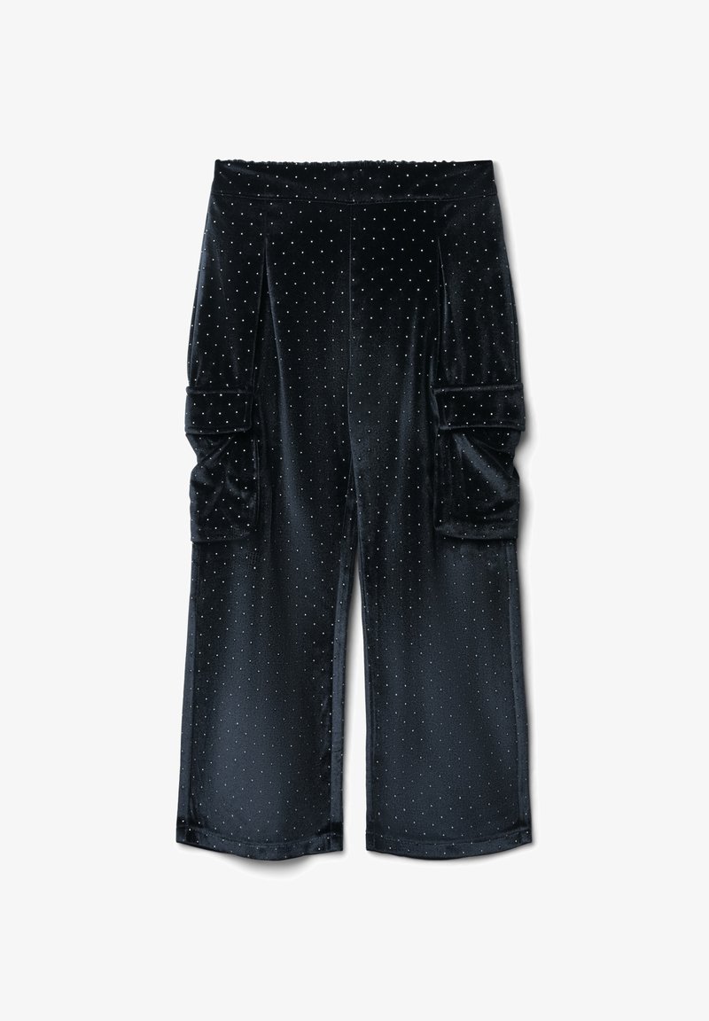 Pantaloni cargo in velluto nero con tasche laterali, decorati con pois bianchi. Design a gamba larga; texture liscia.