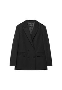 Schwarzer, zweireihiger Blazer aus strukturiertem Stoff mit Perforationen. Mit fallenden Revers und zwei Vorderentaschen ausgestattet.