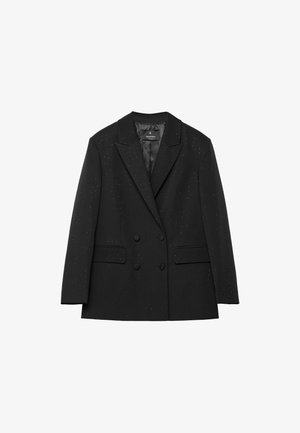 Czarna dwurzędowa marynarka wykonana z fakturowanej tkaniny z perforacjami. Posiada klapy z wycięciami i dwie przednie kieszenie.