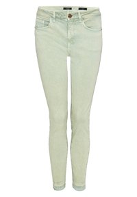 Jeans ajustados de mezclilla color verde claro; cuentan con cinco bolsillos, cierre de botón y dobladillos acabados. Textura suave con ligero desgaste.