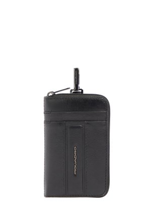 Black leather zip-around wallet with a front strap detail and a metal brand logo reading "Piquadro".