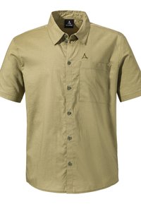 Kurzärmliges olivgrünes Hemd mit Knöpfen, Brusttasche, strukturiertem Stoff und einem kleinen Logo auf der linken Seite des Kragens.