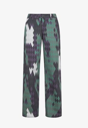 Weite Hosen in einem schwarzen, grünen und lila Diamantenmuster. Hergestellt aus strukturiertem Stoff, mit einem Knopf- und Reißverschluss.