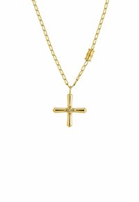 Collar de metal dorado con una cadena gruesa y un colgante en forma de cruz, que presenta acentos decorativos en el centro.
