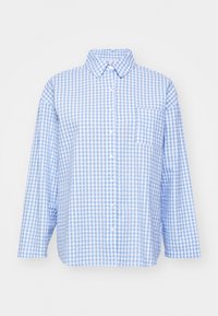 Ljusblå och vit rutigt button-up skjorta med krage, långa ärmar och bröstficka. Bomullsblandning med avslappnad passform.