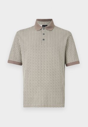 Lühikeste varrukatega polo särk beežist kangast, pruuniga kaelas ja mustriga, millel on tumedates toones korduvad zikk-zakk kujundid.