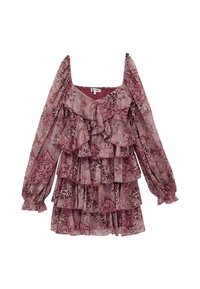 Vestido floral con volantes en rosa empolvado, con mangas largas, escote cuadrado y capas con una delicada tela texturizada.