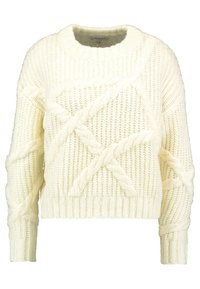 Stickad tröja i benvitt, med en kortad design, kabelmönster och ribbade ärmslut. Texturerad tyg ger djup åt den övergripande looken.