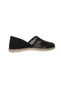 Black espadrille with a mesh design, fabric upper, and rope sole. Features a closed heel and open toe. Lightweight and breathable structure.