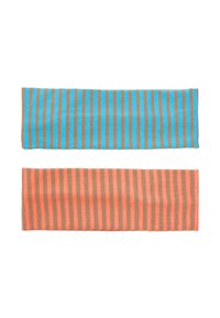 Dwa paski tkaniny: jeden w niebiesko-brązowe paski, drugi w pomarańczowo-brązowe paski. Miękka tekstura, prostokątny kształt, jednolita szerokość.