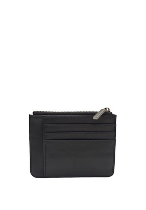 Porte-cartes en cuir noir avec trois emplacements pour cartes à l'avant et un compartiment supérieur zippé avec tirette argentée.