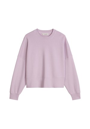 Sweat-shirt lilas à col ras du cou avec manches longues et poignets côtelés, coupe ample, et petite étiquette à l'intérieur du col.