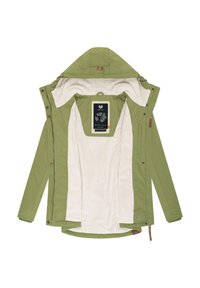 Giacca verde con interno in fleece, cappuccio e bottoni a pressione. Presenta un'etichetta floreale e un'esterno liscio.