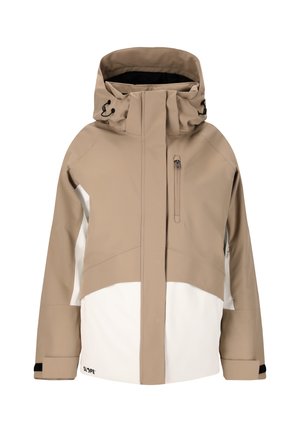 Veskeveske beige ja valkoinen hiihtotakki, jossa on korkea kaulus, vetoketjullinen rintalaukku, säädettävä huppu ja joustavat hihansuut.