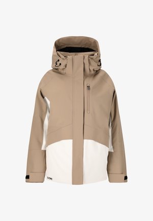 Veskeveske beige ja valkoinen hiihtotakki, jossa on korkea kaulus, vetoketjullinen rintalaukku, säädettävä huppu ja joustavat hihansuut.