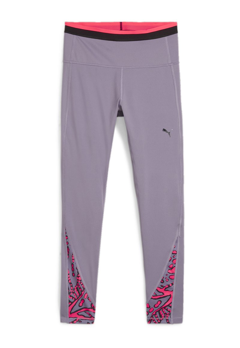 Fialové športové legíny s čiernym pásom, s výrazným ružovým a čiernym vzorovaným akcentom na spodných stranách. Prítomné logo Puma.