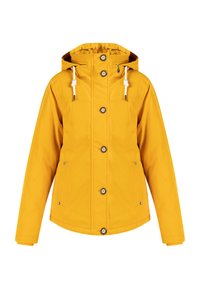 Chaqueta amarilla impermeable con forma ajustada, botones frontales, capucha ajustable y cordones blancos. Textura suave con un detalle mínimo.