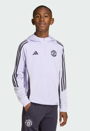 Witte Adidas hoodie met grijze accenten, ritssluiting aan de voorkant, voorzien van het Manchester United-logo en drie grijze strepen langs de mouwen.
