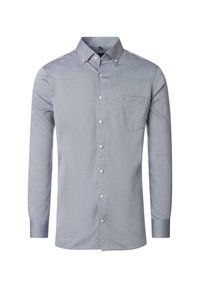 Szara, długosuwakowa koszula z guzikiem o subtelnej fakturze, z ostro zakończonym kołnierzem i jedną kieszenią na lewej piersi, z białymi guzikami.