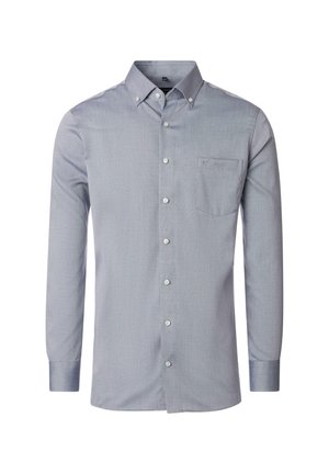 Graues Langarmhemd mit Knopfleiste, feiner Struktur, spitzen Kragen und einer Tasche auf der linken Brust, ausgestattet mit weißen Knöpfen.