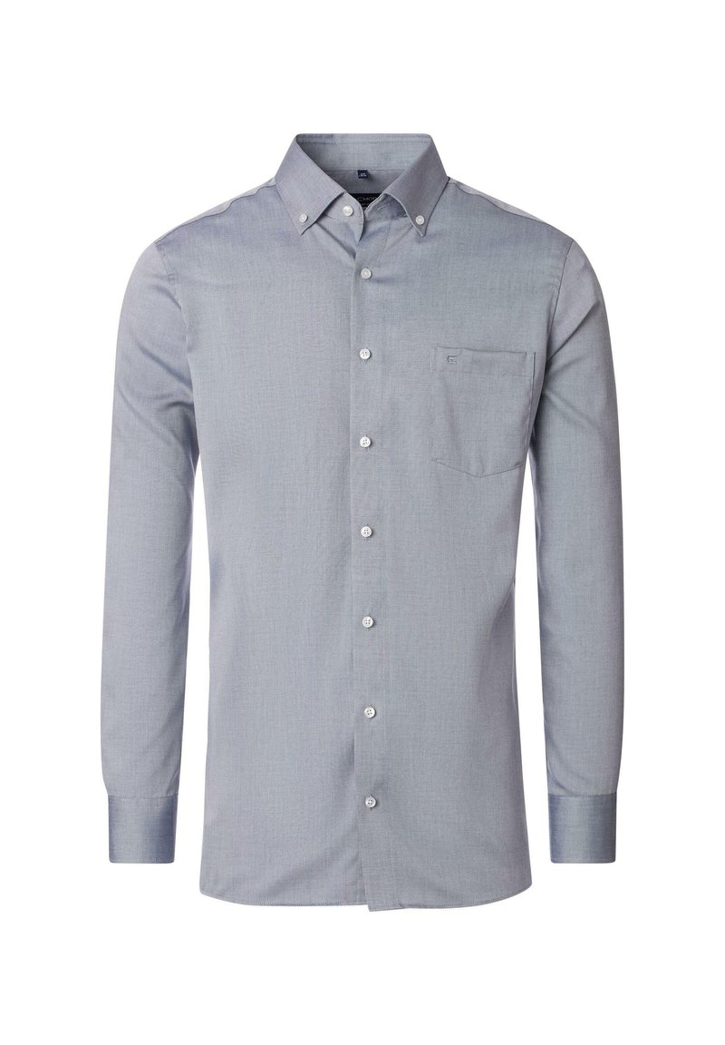 Szara, długosuwakowa koszula z guzikiem o subtelnej fakturze, z ostro zakończonym kołnierzem i jedną kieszenią na lewej piersi, z białymi guzikami.