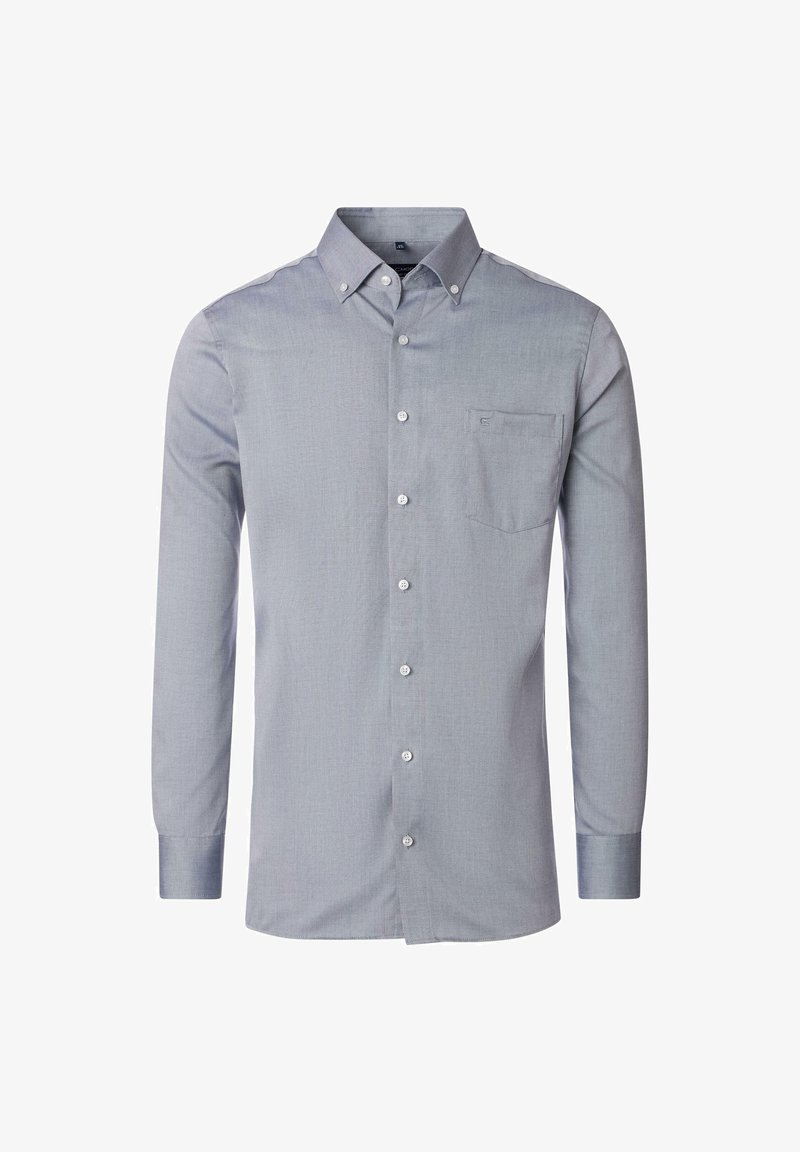 Szara, długosuwakowa koszula z guzikiem o subtelnej fakturze, z ostro zakończonym kołnierzem i jedną kieszenią na lewej piersi, z białymi guzikami.