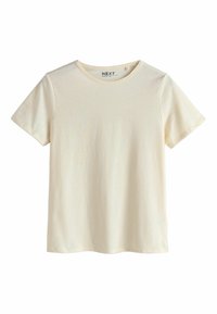 Cremefarvet t-shirt med korte ærmer lavet af blød bomuld. Har en rund halsudskæring og en afslappet pasform. Mærket står der "NEXT." Glat tekstur.