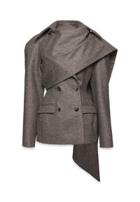 Dwurzędowa kurtka z wełny w kolorze szarym, z falbanastym kołnierzem i asymetrycznym dołem. Posiada dwie przednie kieszenie oraz detale z guzikami.