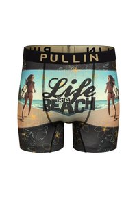 Boxers noirs pour hommes avec un imprimé de scène de plage et le texte "La vie est une plage". Fabriqués en tissu doux avec une taille élastique.